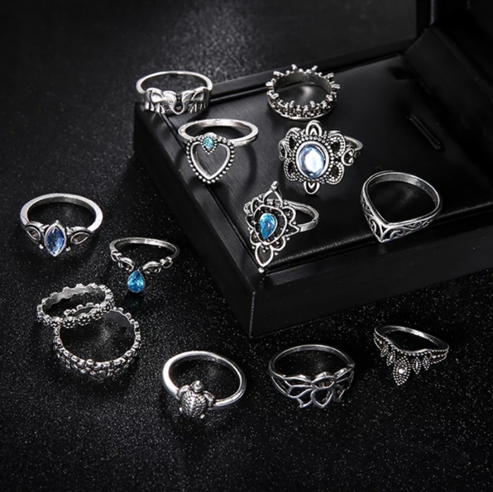 "Aquamarine" 13 Stackable Midi Rings Set - Picture 3 of 3
